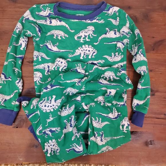 Carter's Boys Sleepwear 6/6A Green Navy Blue Snug Fit Dinosaur Print Pajama Set - Picture 3 of 5